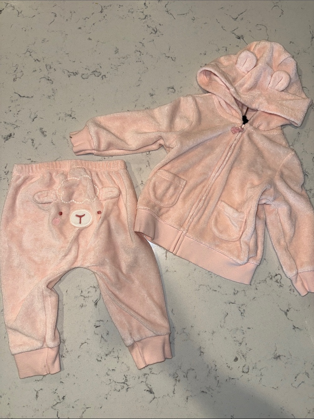Baby Two-Piece Plush Terry Cloth Hoodie and Pants Set - Light Pink